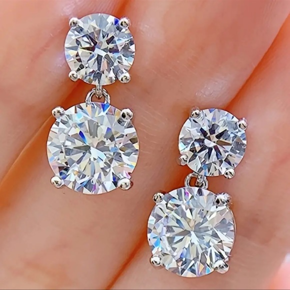 3 Carat Round Diamond, Simulated, Drop, Bridal, Wedding, Engagement Earrings - Picture 3 of 7